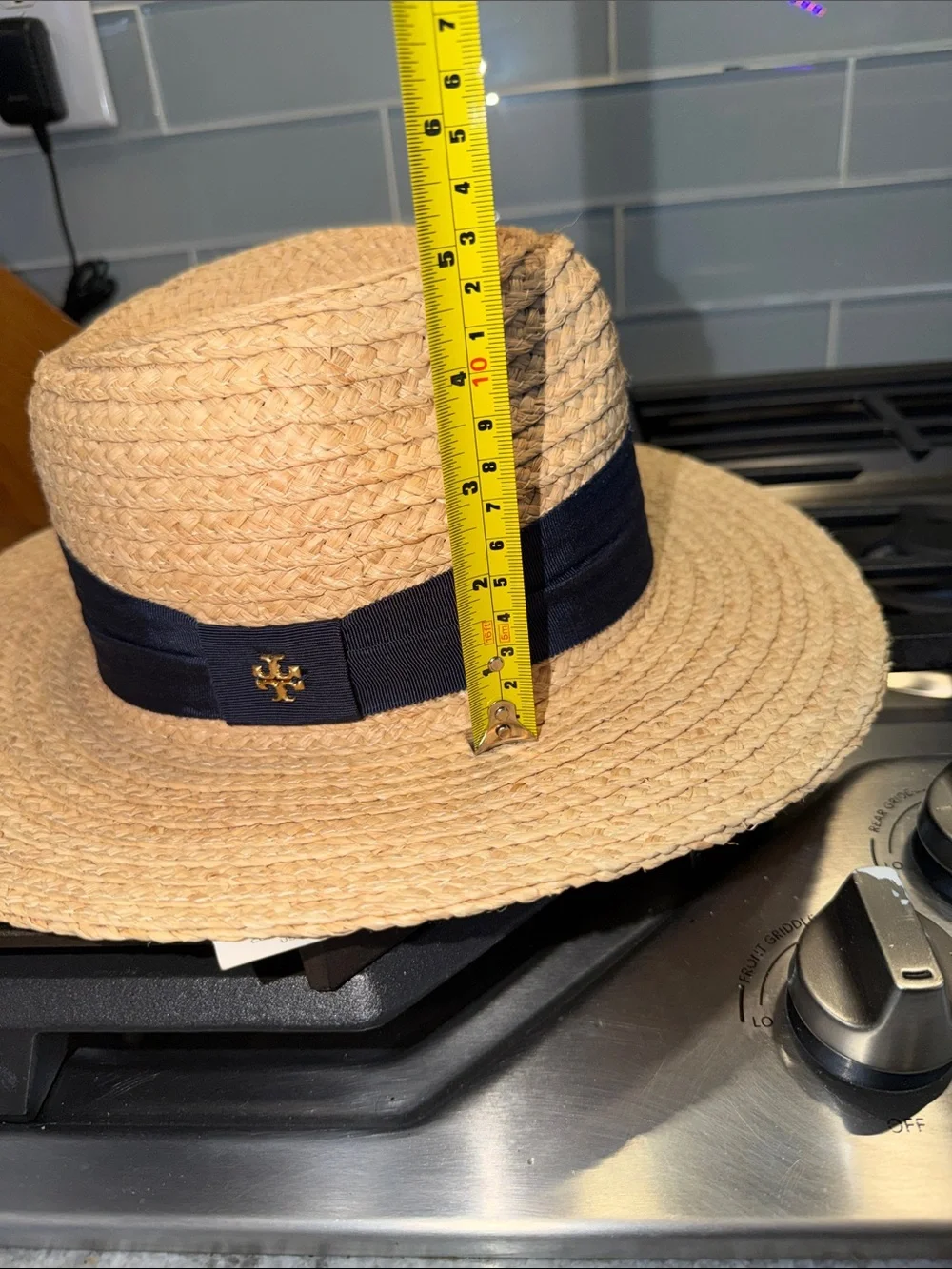 NWT Tory Burch fedora Sun Hat with black Ribbon measurements in photos